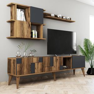 Emob- TV Meubel Modern TV-meubel met Planken | 100% Gemelamineerd | Notelaar Antraciet - 180cm - Bruin; Antraciet
