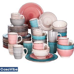 CasaVibe Luxe Serviesset – 48 delig – 12 persoons – Porselein - Bordenset – Dinner platen – Dessertborden - Kommen - Mokken - Set - Roze- Blauw - Multi Color