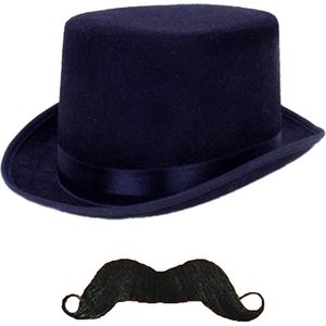 Carnaval verkleed set Allister - Aristoctaat/Gentleman - Hoge hoed met plaksnor - Heren kostuum accessoires