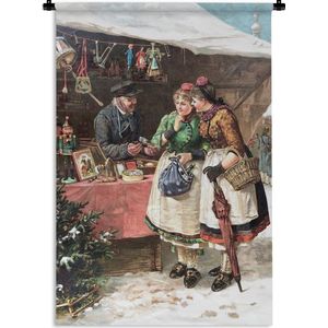 Wandkleed Vintage Kerst - Vintage vrouwen op de kerstmarkt Wandkleed katoen 90x135 cm - Wandtapijt met foto