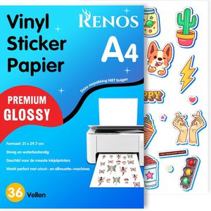 Renos® 36 Glossy Vinyl Stickervellen A4 Printer Papier - Stickerpapier Voor Printer - Sneldrogend - Sticker Printer Papier - Sticker Papier - Stickerpapier A4 - Printbaar Stickerpapier