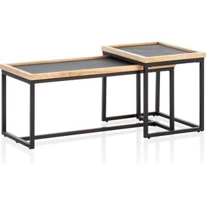 Rootz 2 Piece Set Coffee Tables - Rectangular Tables - Modern Design - Natural Wood Grain - 3D Stone Look - Handmade - Unique - Height Adjustable Nubs - Mango Solid Wood - MDF & Plastic - Powder-Coated Iron - 90cm x 40cm x 40cm & 40cm x 50cm x 45cm