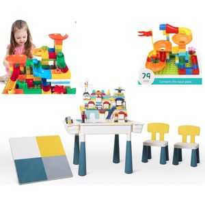 【Profi Promo】Bouwtafelset inc. 79 bouwblokken voor LEGO & DUPLO - Multifunctioneel Kinderbouwtafel met 2 stoelen + 4 Opbergbakken - Constructietafel, Kinderwerktafel, Speeltafel, Zandbak, Watertafel - Kindertafel en stoelen - Aquamarijnkleur