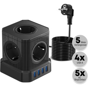 WLC - Stekkerdoos met USB - Powercube - Met Schakelaar - Oplader - 4 USB + 5 Stopcontacten - Snellader - Verlengsnoer - Zwart - 5M