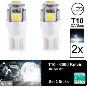 T10 Led Lamp Wit (Set 2 stuks) 6000 Kelvin Canbus 5W5 | W5W | White| Led Signal Light | 12V | 168 | 194 | 2x | Stadslicht | Kentekenplaat Verlichting | 320 Lumen | 5050 5SMD |