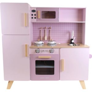 Bandits & Angels Houten Kinderkeuken XL Modern Roze vanaf 3 jaar - Aanrechthoogte 52 cm - Incl. 5 accessoires - Voor Meisjes - Kinder Keukentje - Speelgoed Keuken - Roze Speelkeuken