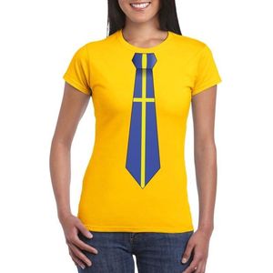 Geel t-shirt met Zweden vlag stropdas dames XS
