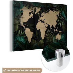 MuchoWow® Glasschilderij 180x120 cm - Schilderij acrylglas - Wereldkaart - Zwart - Planten - Foto op glas - Schilderijen