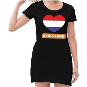 Zwart  jurkje met rood/wit/blauw hart en Nederland dames - Zwart Koningsdag kleding XL