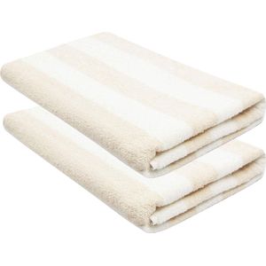 Set strandlaken 75x180 cm 100% katoen beige witte strepen - set strandhanddoeken