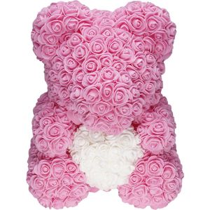 Rozenbeer Roze met Wit Hart 30 cm {Rozen beer Valentijn teddybeer rose bear cadeau geliefde vriendin | knuffel roos beertje Valentijnsdag Moederdag kado knuffelbeer hartje i love you ik hou van jou hartjes}