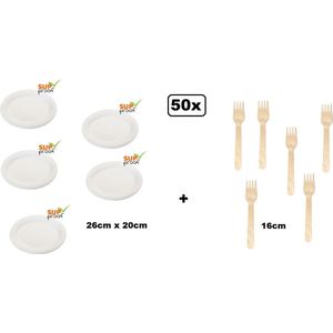 50x Bord Next generation ovaal 26cm x 20cm wit + 50x houten vork 16cm - BBQ time - borden salade Sate BBQ eten tafelen composteerbaar milieu festival thema feest