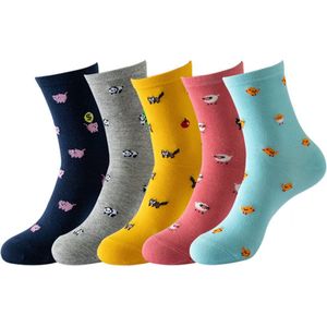 Sokken dames - 5 paar - leuke print dieren - wasbeer - panda - kuiken - schaap - grijs - blauw - beige - roze - geel - 36 - 40 - cadeau - voor haar