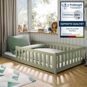 Kinderbed Bodembed 120x200 cm met valbeveiliging & lattenbodem Montessori bed Bedhek Kinderbed Jeugdbed Eenpersoonsbed | Olivegroen andere maten 80x160 | 90x200 | 140x200 cm
