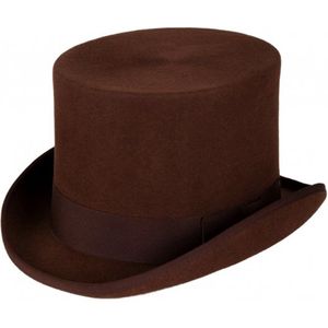 KIMU Luxe Hoge Hoed Bruin - Hoog Model - Maat 55 - 100% Wol - Dames Vrouwen Kinderen - Tophat Wolvilt Hoedje Detective Cowboy Blinders Themafeest Festival