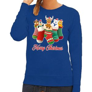 Foute Kersttrui / sweater kerstsokken met diertjes - Merry Christmas - blauw voor dames XS