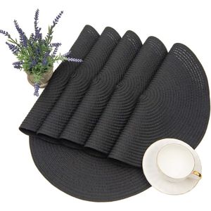 Set van 6 ronde geweven placemats van 38 cm, katoenen tafelmatjes, wasbare hittebestendige antislip placemats voor keukentafel, zwart