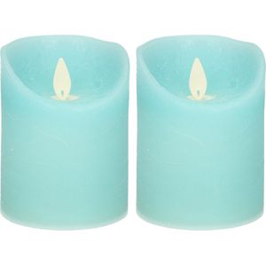 2x Aqua blauwe LED kaarsen / stompkaarsen 10 cm - Luxe kaarsen op batterijen met bewegende vlam
