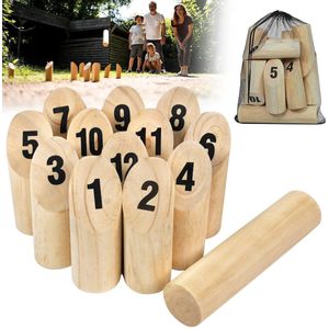 NAIZY Kubb Vikingenspel Werpspel Set Kubbal Spel Schuin Hout met 12 Digitale Kegelcilinder + 1 Werpcilinder voor Kinderen & Volwassenen