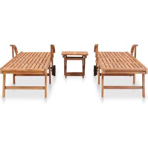 vidaXL Ligbedden 2 st met tafel - Massief teakhout Ligbed - Teak - Tuinset - Buitenleven - Lounge