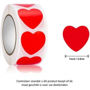 Rol met 500 Rode Hartjes stickers - 2.5 cm diameter - Heart - Hearts - Love - Liefde - Valentijnsdag - Cupido - Rood - Red - Decoratie - Versiering - Verjaardag