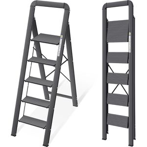 Trapladder, 5 treden, inklapbare trapladder met leuning, antislip huishoudladder met klapbeveiliging, aluminium trapladder, maximale belasting 150 kg - zwart