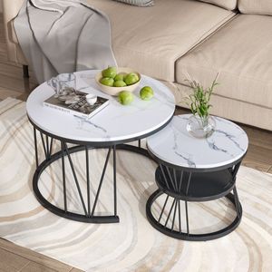 Set van 2 Ronde salontafel s 70/45 cm, V-vormig legbord Gouden legbord + white blad met marmermotief, geschikt voor woonkamer, koffiekamer, woonkamer - Wit met Zwart