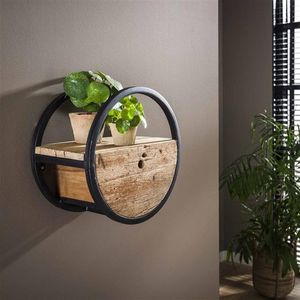 PS-Collection Circular Wandschap met Lade - Ø40x25cm - Bruin - Hout/Metaal - wandplank - wandrek industrieel - wandrek metaal zwart - wandrek rond - wandrekken - wandplank zwevend - wandplank hout - wandkubus - boekenplank