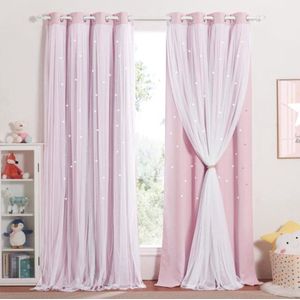 Children's Hollow Star Curtains with Voile Panels, Blackout Eyelet Curtains, Width: 132 cm (Each), Pack of 2