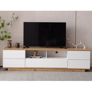 Sweiko Moderne kleurenblok TV kast in wit ontwerp, TV kast met houten nerf, 180 cm