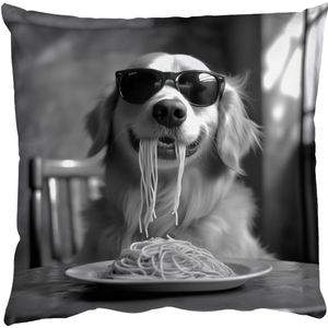 Sierkussens - Kussentjes Woonkamer - 45x45 cm - Golden Retriever - Hond - Vrolijk - Bord spaghetti - Zwart - wit