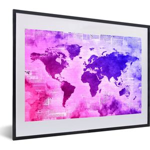 Fotolijst incl. Poster - Wereldkaart - Roze - Blauw - 60x40 cm - Posterlijst