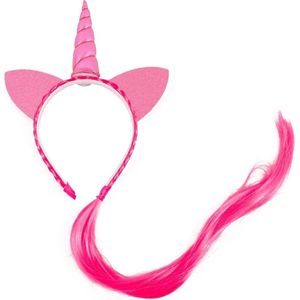 Eenhoorn haarband lichtroze unicorn diadeem met haar en oortjes - roze hoorn haar glitter vlecht extensions festival
