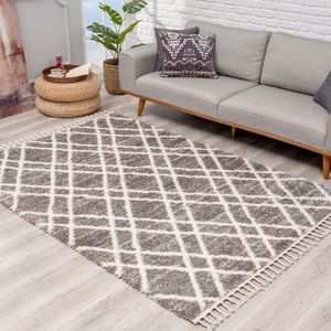 Flycarpets Calidia Hoogpolig Geruit Vloerkleed - Grijs - 120x160 cm