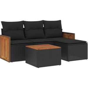The Living Store 5-delige Loungeset met kussens poly rattan zwart - Loungeset - Tuinlounge - Lounge Set - Outdoor Furniture - Pe Rattan