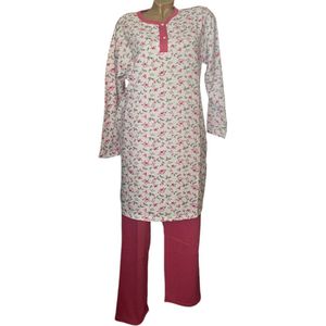 Dames flanel pyjamaset warm gevoerd met extra lange top L (38-40) grijs/roze/wit