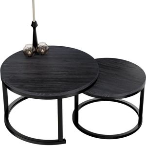 salontafel - et van 2 - ronde banktafels, zwart marmerlook met zwart metalen frame - Ø70, Ø 50 - van hout