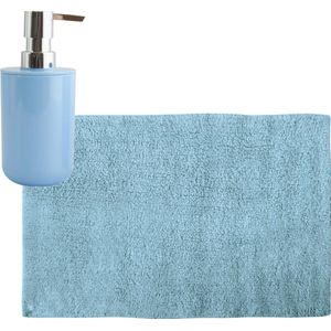 MSV badkamer droogloop mat/tapijt - 40 x 60 cm - met zelfde kleur zeeppompje 260 ml - lichtblauw