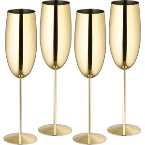 Relaxdays champagneglazen rvs - set van 4 - onbreekbaar - hebruikbare champagneflûtes - goud