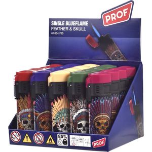 Prof Jetflame blue lighter windproof design INDIAN SKULLS - display 20 stuks -BLUE JETvlam - hervulbare elektronische aanstekers