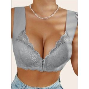 BH met voorsluiting dames - Push Up - Geen Beugel - Ondersteunende BH - Grijs - Maat XL - 85 C - 80 D - Elastische schouderbanden