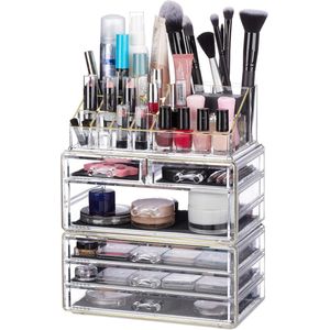 cosmetica organizer met 6 lades - make up organizer - schmink opbergbox - acryl transparant/goud - ruime opberglades