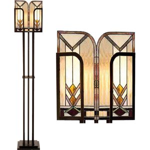 HAES DECO - Tiffany Vloerlamp 35x182 cm Beige Bruin Glas Rechthoek Staande Lamp Staanlamp Tiffany Lamp