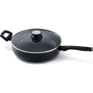 KitchenFun Salsa Non-Stick Hapjespan / Skillet Ø 28cm – incl. Glazen deksel - Inductie geschikt- lichtgewicht Aluminium- Heat indicator- Dubbele Anti-aanbaklaag – Hitte werende soft touch greep - Ergonomisch – Zwart