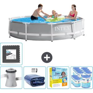 Intex Rond Prism Frame Zwembad - 305 x 76 cm - Grijs - Inclusief Pomp Solarzeil - Onderhoudspakket - Filters - Vloertegels