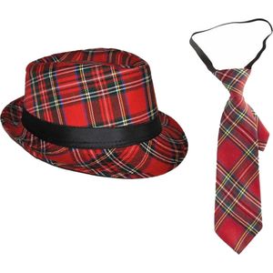 Carnaval Schotse ruit thema verkleed set - hoedje en stropdas - rood tartan - heren