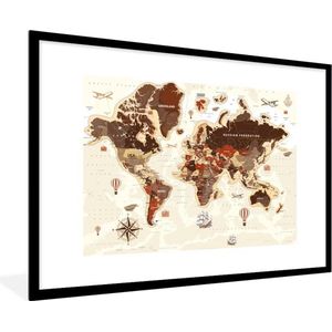 Fotolijst incl. Poster - Wereldkaart - Vintage - Kompas - 120x80 cm - Posterlijst