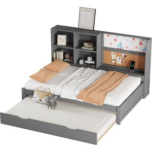 Merax Eenpersoonsbed 90x200 cm met extra Uitschuifbaar Bed 90x190 cm met Whiteboard - Bedframe met Opbergvakken en USB-Aansluiting - Grijs