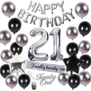 Verjaardag Versiering 21 jaar zilver Babydouche - zilveren eenentwintig jarig decoratie pakket - happy birthday slinger