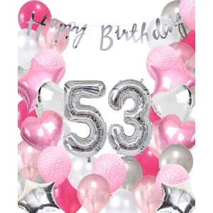 Snoes Ballonnen 53 Jaar Pink Blush Silver Mega Ballon - Compleet Feestpakket 53 Jaar - Verjaardag Versiering Slinger Happy Birthday – Folieballon – Latex Ballonnen - Helium Ballonnen - Zilver en Roze Verjaardag Decoratie